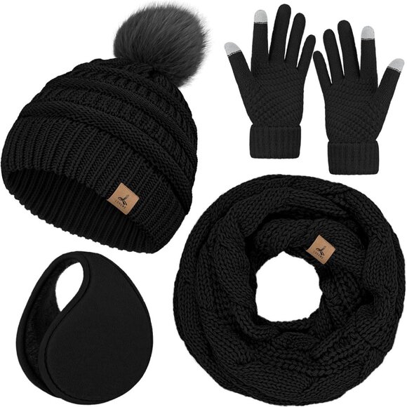 Women's Black 100% Acrylic Winter Hat Scarf Gloves and Ear Warmer Hand Wash Only